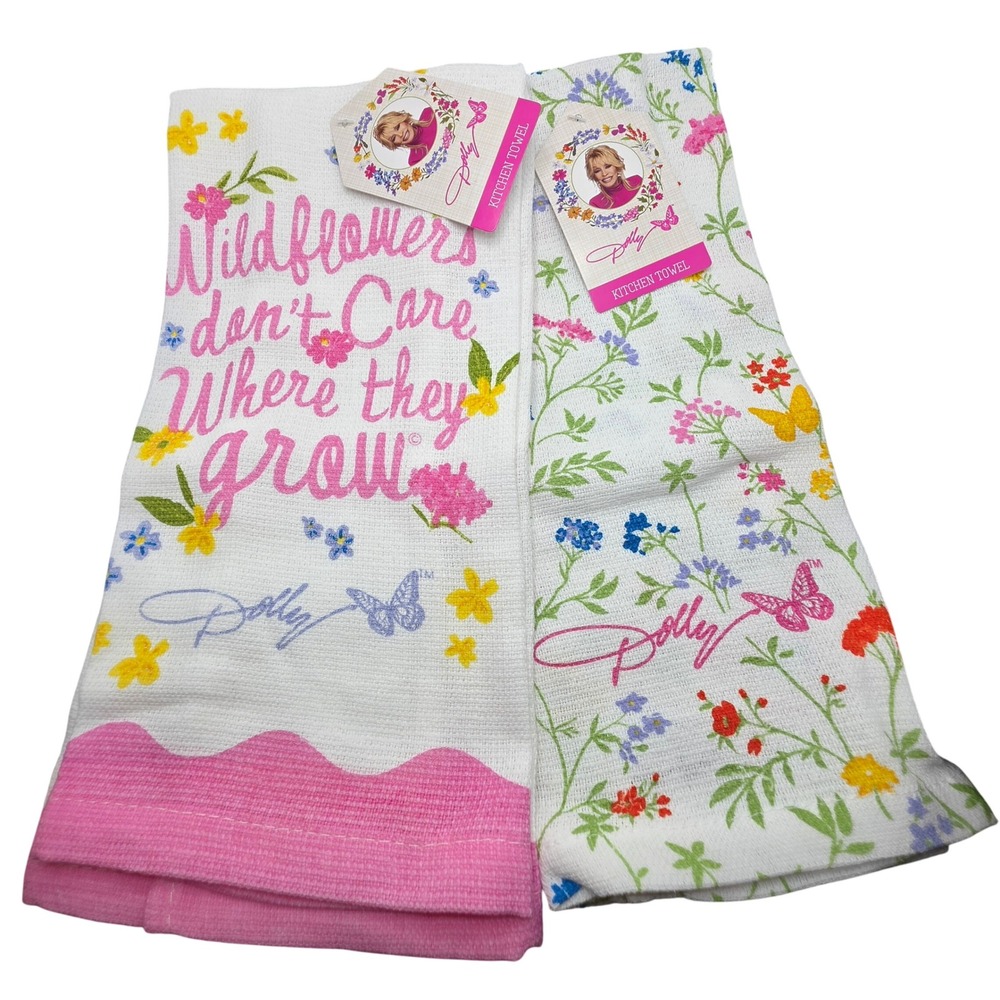 Dolly Parton Wildflowers Kitchen Towel Set 2 Pack Pink White Floral 15x25 Cotton